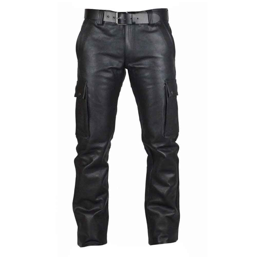 Men's Real Leather Pants Cargo Pockets Pants Bikers Leather Trousers