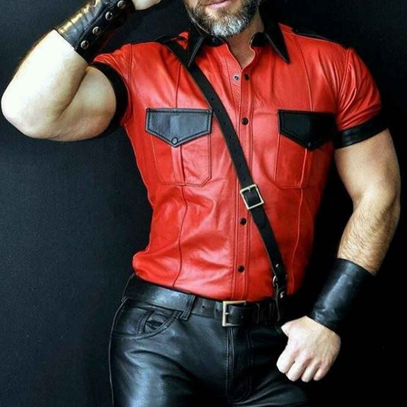 Men's Real Leather Red and Black Contrast Police Style Bluf Bikers Shirt