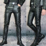 Pantalones de motociclista de cuero auténtico para hombre, ajustados, con cordones laterales y delanteros, pantalones de motociclista