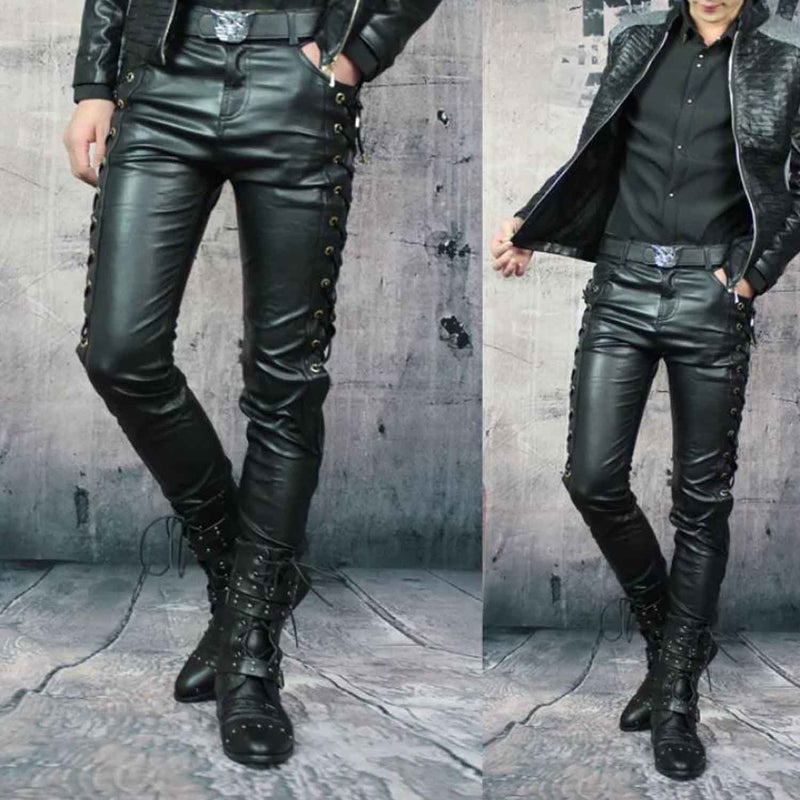 Men's Real Leather Slim Fit Bikers Pants Side and Front Laces Up Bikers Pants Trousers