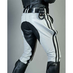 Men's Real Leather White and Black Contrast Saddleback Trousers BLUF Pants Bikers Breeches