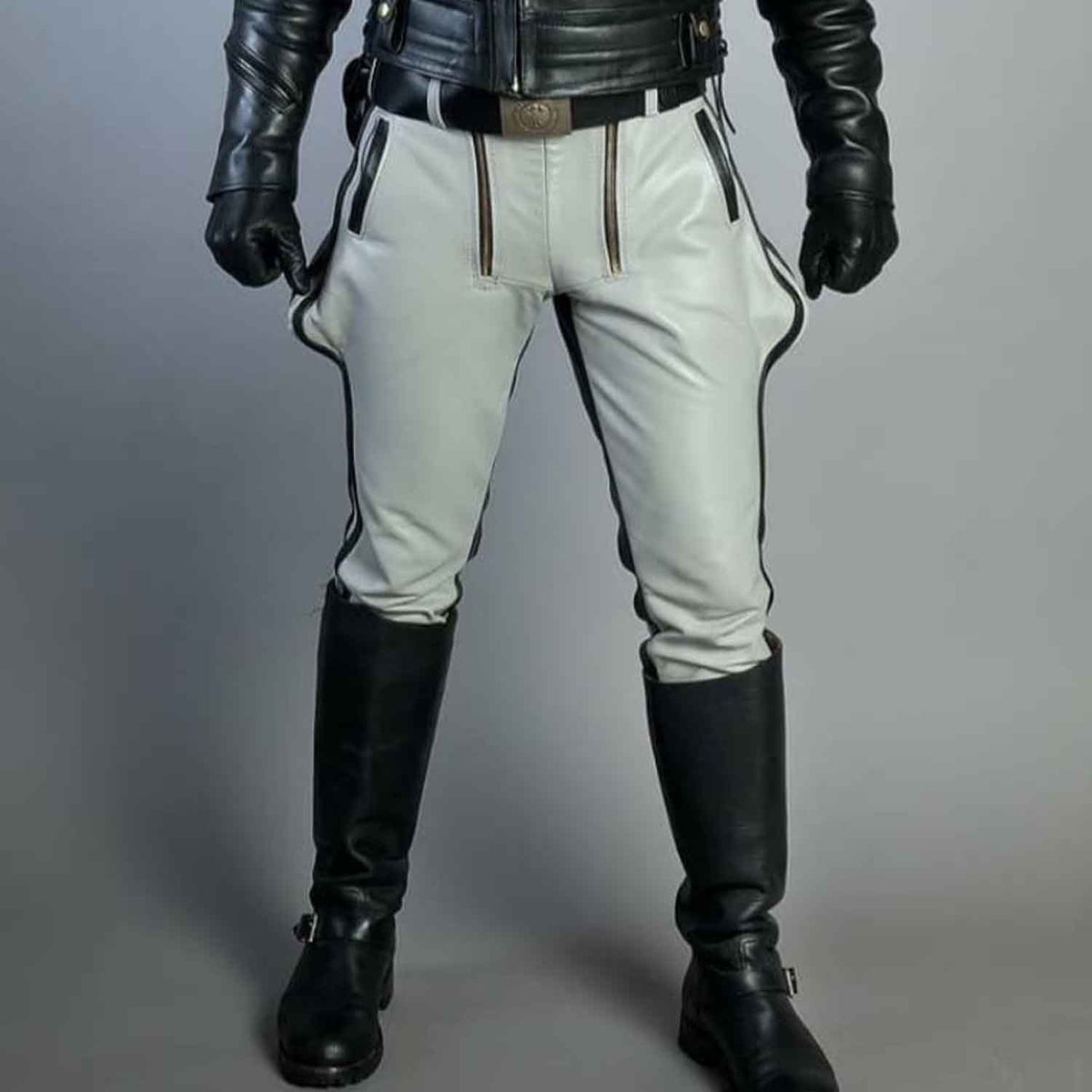 Men's Real Leather White and Black Contrast Saddleback Trousers BLUF Pants Bikers Breeches