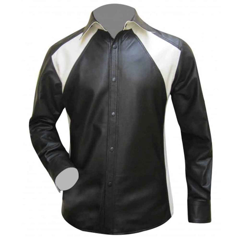 Men's Real Sheep Nappa Leather Full Sleeve BLUF Bespoke Tailored Shirt in Black and White Two Tone Design