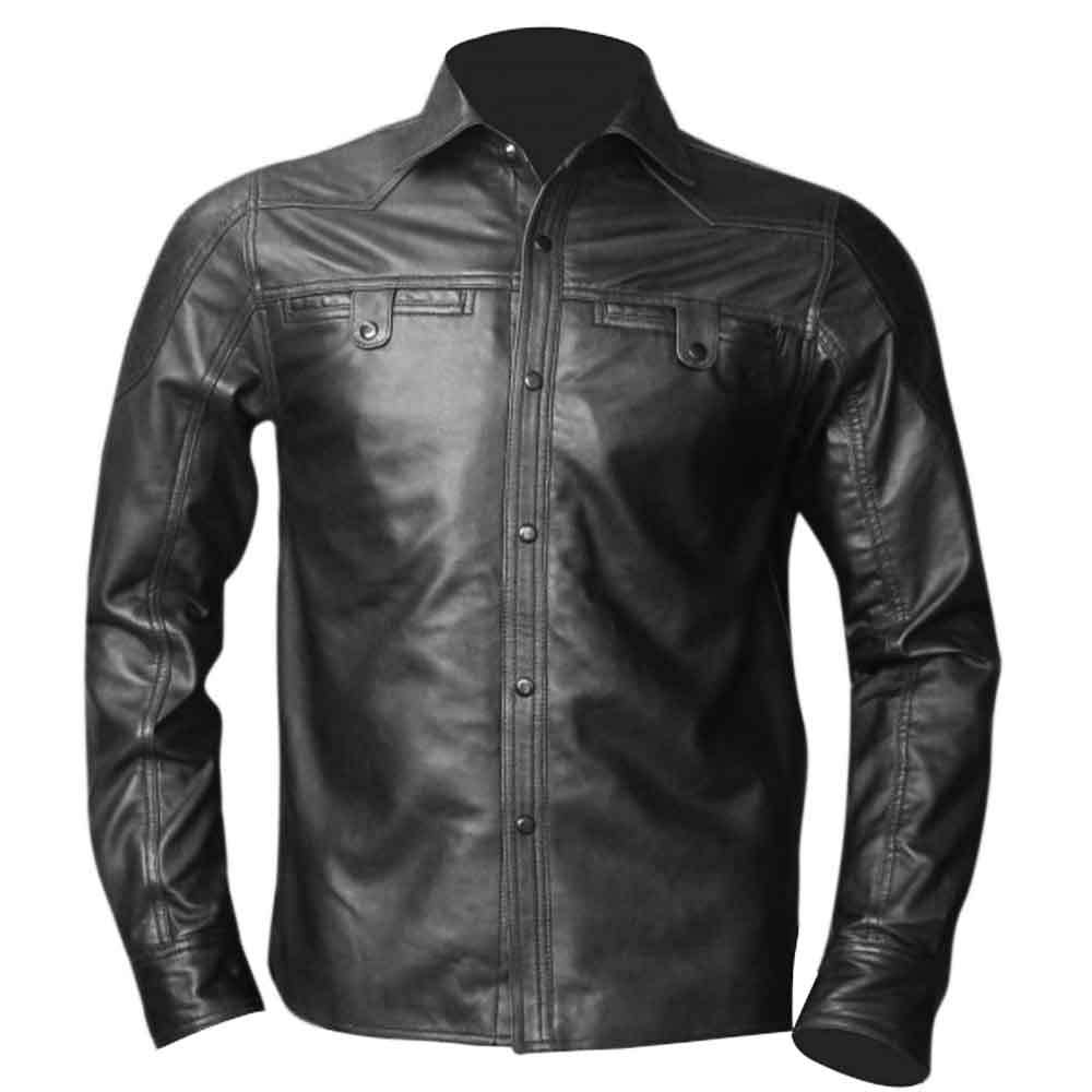 Camisa BLUF de manga larga de piel de napa auténtica de oveja negra para hombre con dos bolsillos con solapa