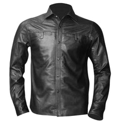 Camisa BLUF de manga larga de piel de napa auténtica de oveja negra para hombre con dos bolsillos con solapa
