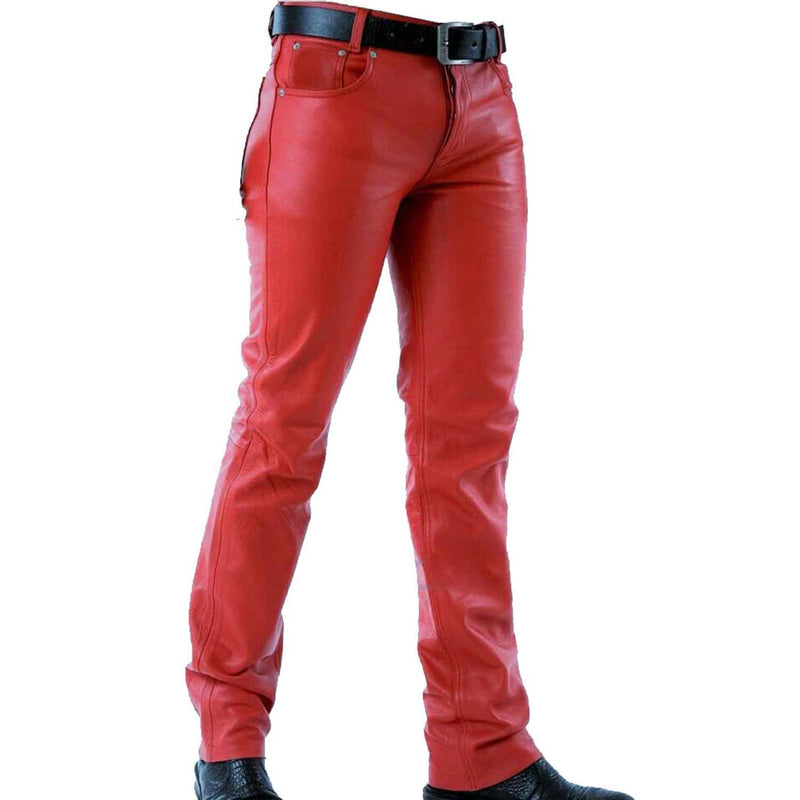 Pantalones vaqueros estilo 501 elegantes y sexys de cuero de vaca rojo para hombre, pantalones BLUF, pantalones de motociclista