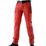 Pantalones vaqueros estilo 501 elegantes y sexys de cuero de vaca rojo para hombre, pantalones BLUF, pantalones de motociclista