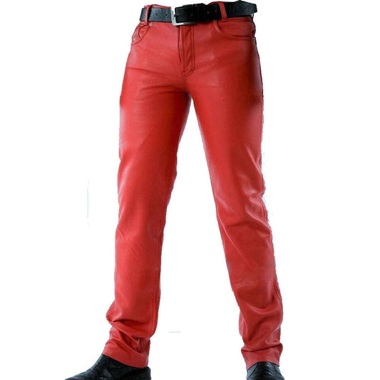 Mens Red Cowhide Leather Sleek and Sexy 501 Style Jeans BLUF Pants Bikers Trousers