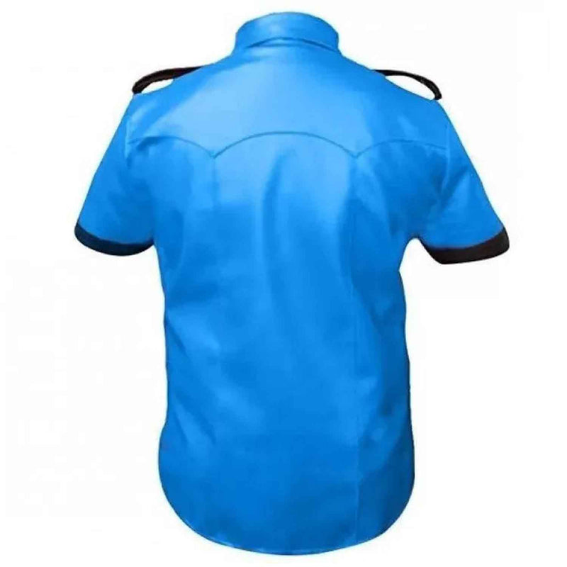 Camisa de policía de cuero auténtico para hombre Cuir Bluf Lederhemd Blue Lederharren Bikers