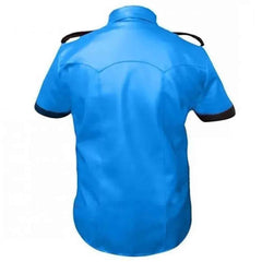 Camisa de policía de cuero auténtico para hombre Cuir Bluf Lederhemd Blue Lederharren Bikers