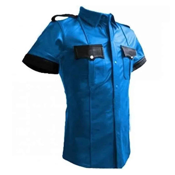 Men's Real Leather Police Shirt Cuir Bluf Lederhemd Blue Lederharren Bikers