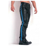 Mens Black Cowhide Leather Jeans Style Pants BLUF Breeches Blue Striped Trousers