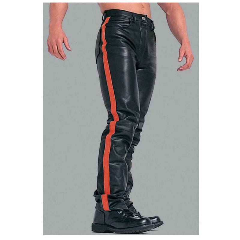 Mens Black Cowhide Leather Jeans Style Pants BLUF Breeches Red Striped Trousers