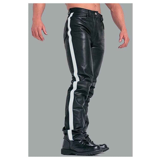 Mens Black Cowhide Leather Jeans Style Pants BLUF Breeches White Striped Trousers