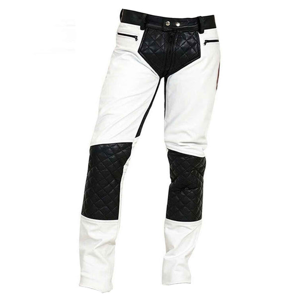 Mens White and Black Cowhide Leather Pants BLUF Saddleback Breeches Pants