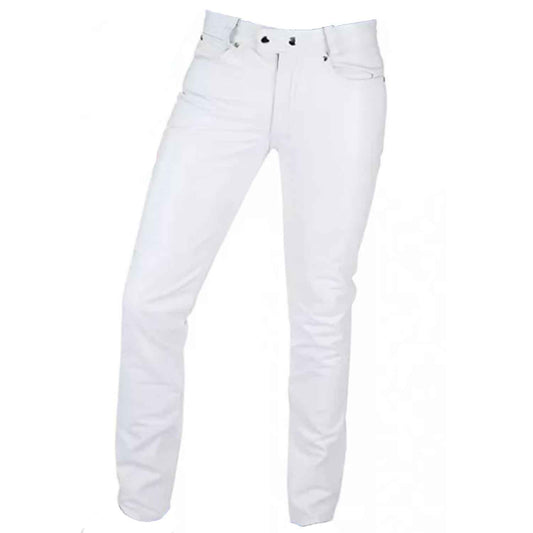 Men's White Genuine Leather Seamless Skinny Pants Five pockets Jeans Style Premium Kink Trousers