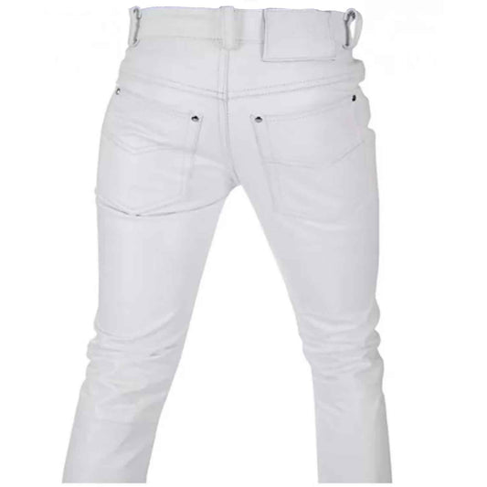 Men's White Genuine Leather Seamless Skinny Pants Five pockets Jeans Style Premium Kink Trousers