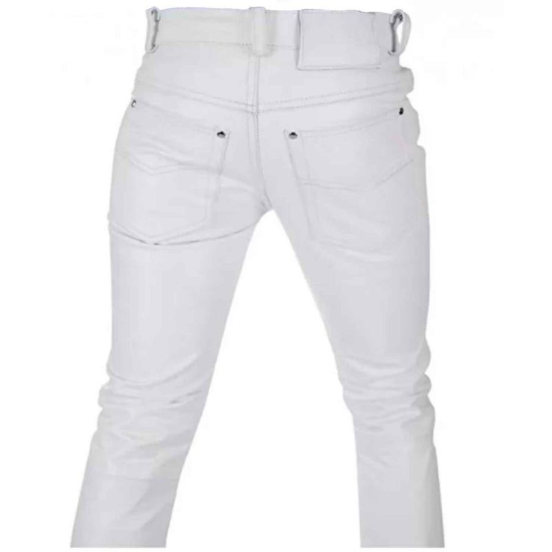 Men's White Genuine Leather Seamless Skinny Pants Five pockets Jeans Style Premium Kink Trousers