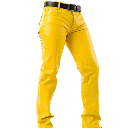 Mens Yellow Cowhide Leather Sleek and Sexy 501 Style Jeans BLUF Pants Bikers Trousers