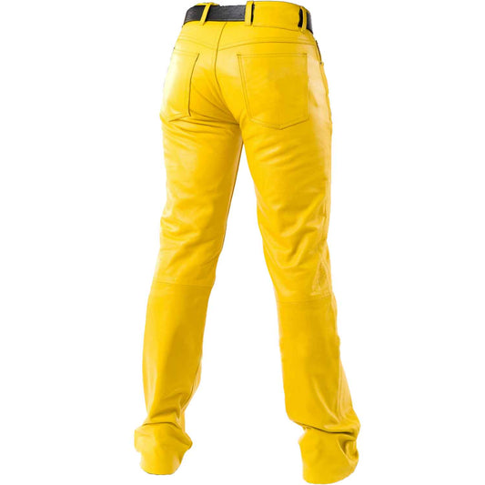 Mens Yellow Cowhide Leather Sleek and Sexy 501 Style Jeans BLUF Pants Bikers Trousers