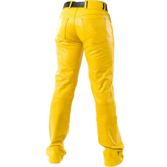Mens Yellow Cowhide Leather Sleek and Sexy 501 Style Jeans BLUF Pants Bikers Trousers