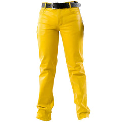 Mens Yellow Cowhide Leather Sleek and Sexy 501 Style Jeans BLUF Pants Bikers Trousers