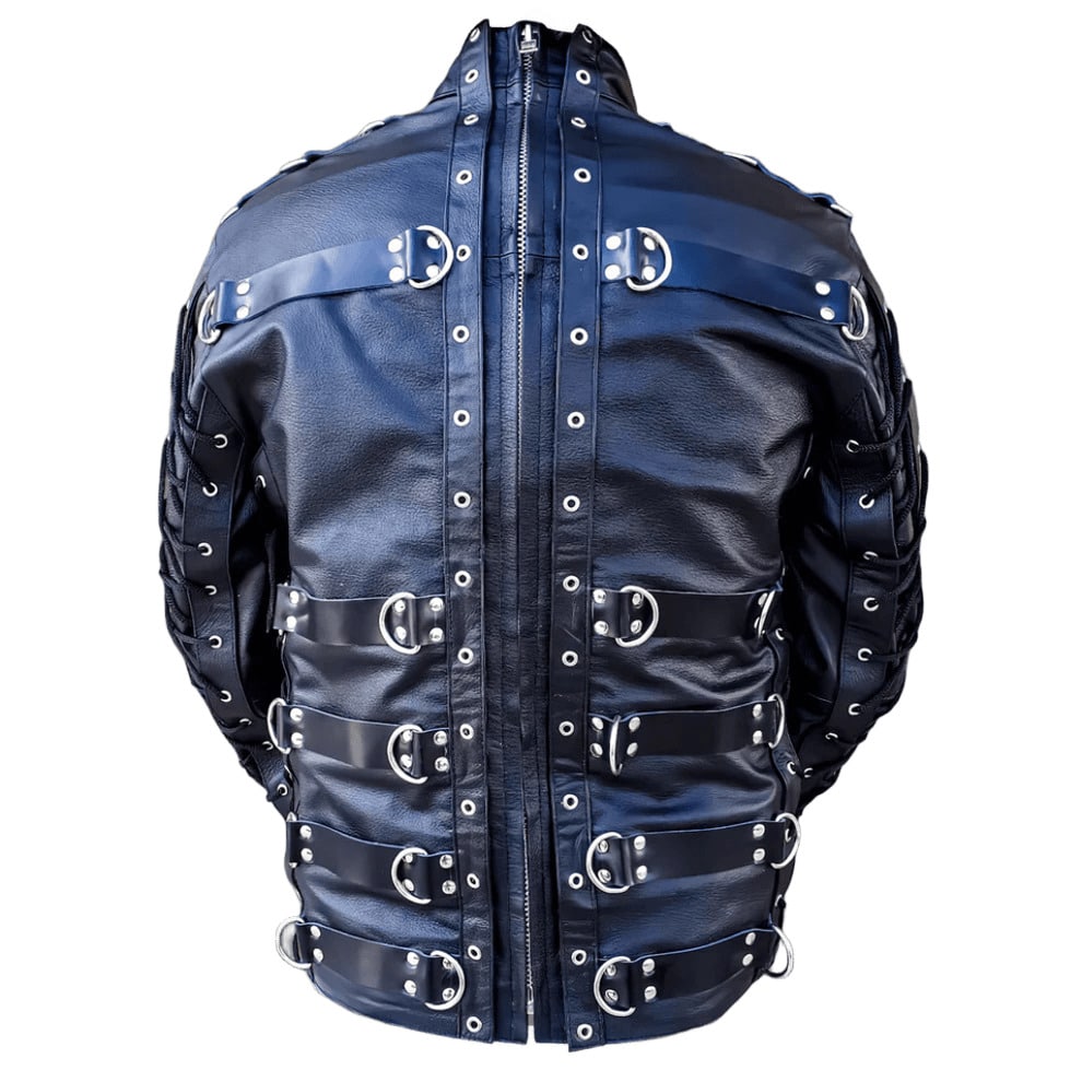 Black leather bondage jacket with silver buckles on a white background