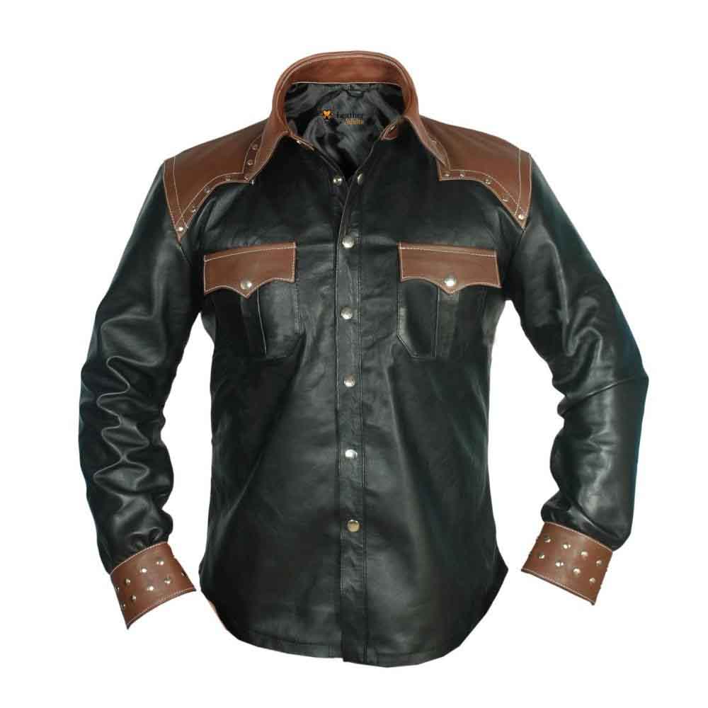 REAL LEATHER Camisa de manga larga estilo vaquero negro para hombre BLUF La mayoría de los tamaños 