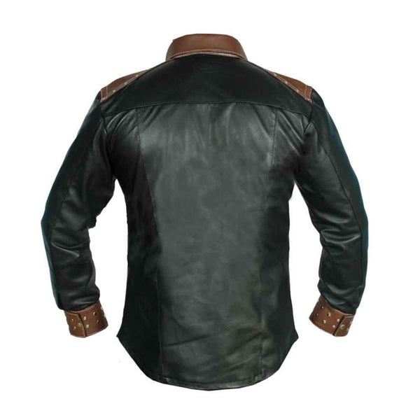 REAL LEATHER Mens Long Sleeve Black Cowboy Western Style Shirt BLUF Most Sizes
