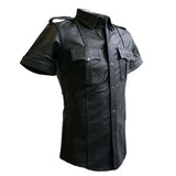 Real Leather Men's Black Police Military Style Shirt BLUF Gay Shirts
