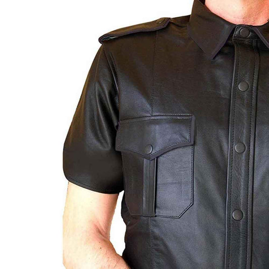 Camisa de cuero real estilo militar de policía negra para hombres BLUF Camisas gay