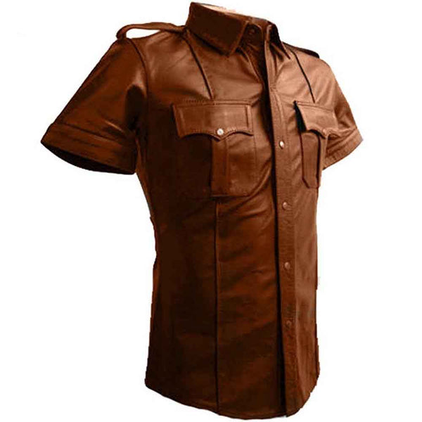 REAL LEATHER Men's Brown Police Military Style Shirt BLUF Most Sizes