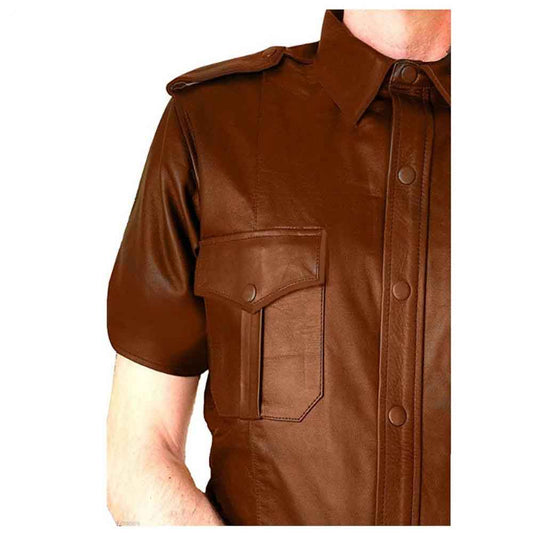 REAL LEATHER Camisa estilo militar de policía marrón para hombre BLUF La mayoría de los tamaños