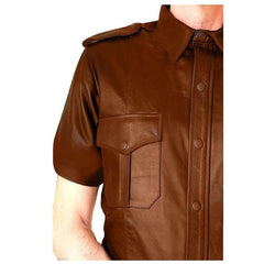 REAL LEATHER Camisa estilo militar de policía marrón para hombre BLUF La mayoría de los tamaños