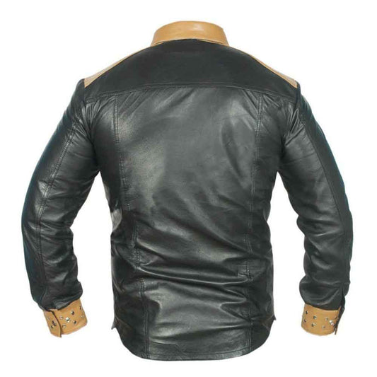 REAL LEATHER Camisa de manga larga para hombre, estilo occidental, color negro y tostado, estilo policía vaquero