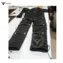 Mens Bondage jump suit cell suit Black Cow Leather Heavy Duty Restriction Catsuit BDSM