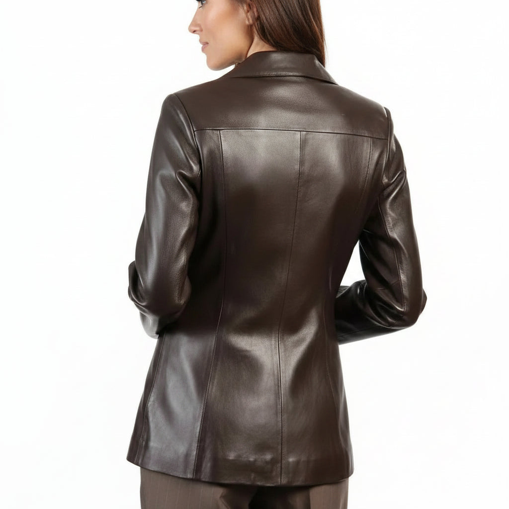 A woman wearing a dark brown leather jacket, shown from the back against a plain white background.
