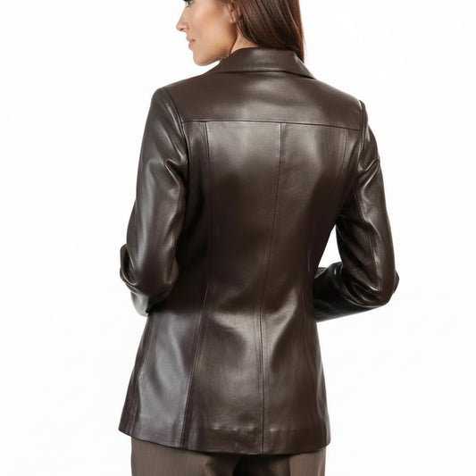 A woman wearing a dark brown leather jacket, shown from the back against a plain white background.