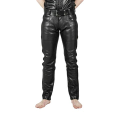 A person standing wearing black genuine leather skinny pants with five pockets and a belt loop.