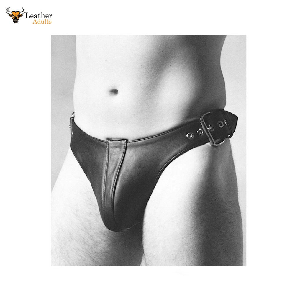 A black leather thong with an adjustable buckle, designed for men.