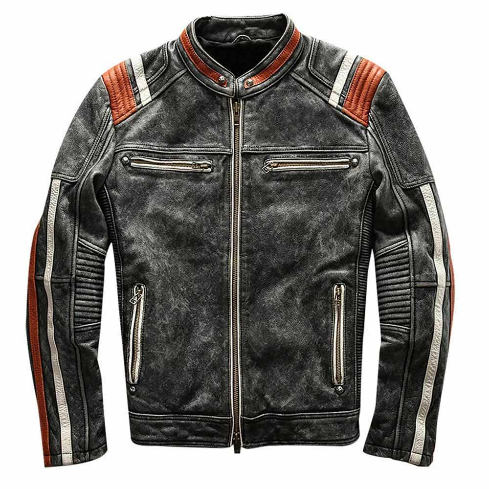 Chaqueta de cuero para hombre Retro 3 Cafe Racer Biker Vintage envejecido