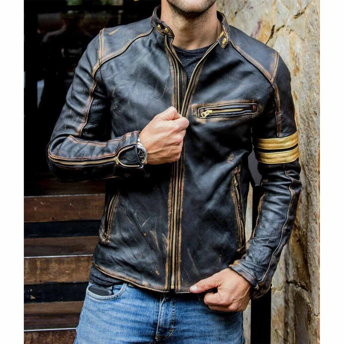 Chaqueta de cuero auténtico para hombre, estilo motociclista, estilo vintage, color negro envejecido