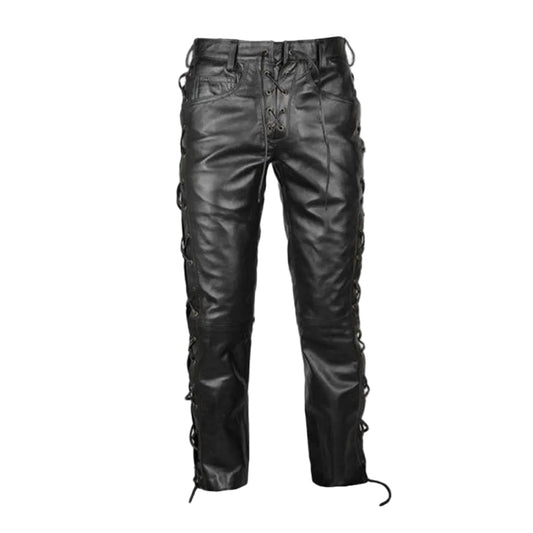 Black leather pants with side lacing details, shown against a plain white background.