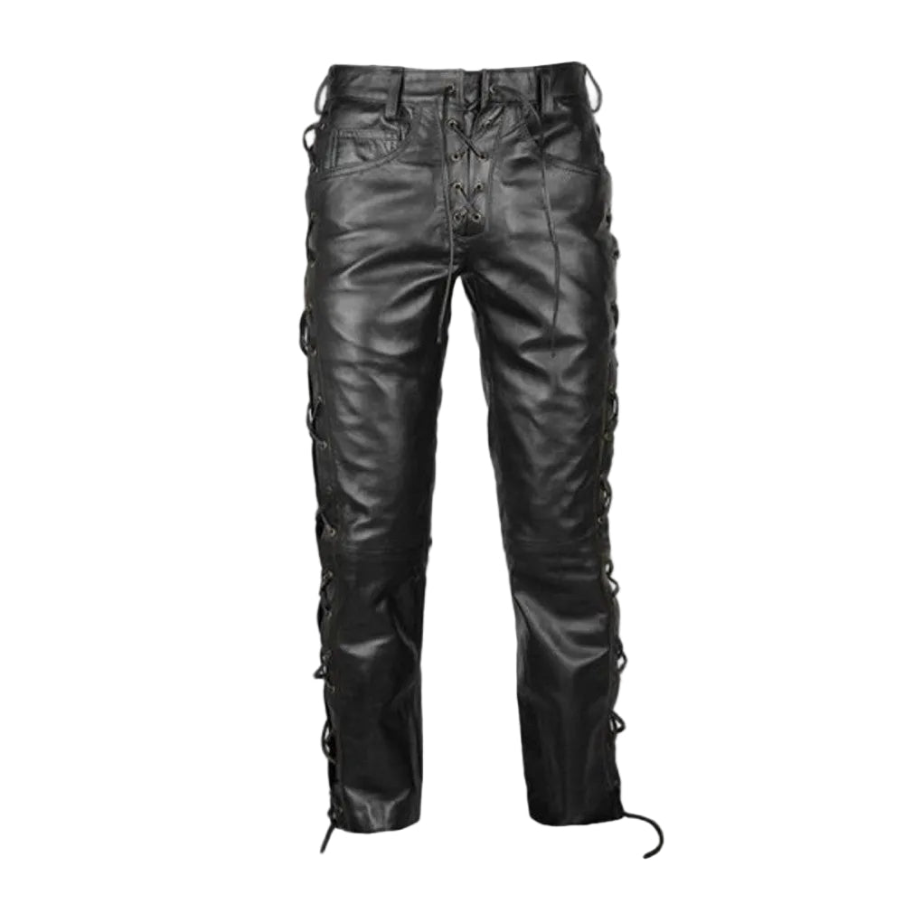 Black leather pants with side lacing details, shown against a plain white background.