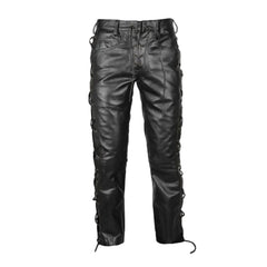 Black leather pants with side lacing details, shown against a plain white background.