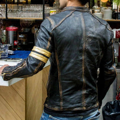 Chaqueta de cuero auténtico para hombre, estilo motociclista, estilo vintage, color negro envejecido