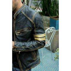 Chaqueta de cuero auténtico para hombre, estilo motociclista, estilo vintage, color negro envejecido