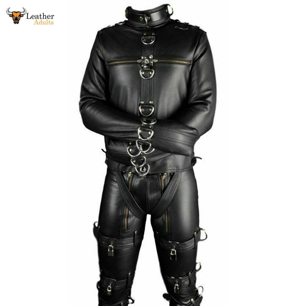 A black leather straightjacket with silver rivets and buckles, featuring a standing collar and sleeve cuffs. The jacket is designed for bondage and restraint, with multiple D-rings and lacing for secure fastening.