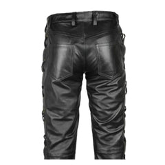 Men's Real Leather Bikers Pants Side and Front Laces Up Bikers Pants Trousers