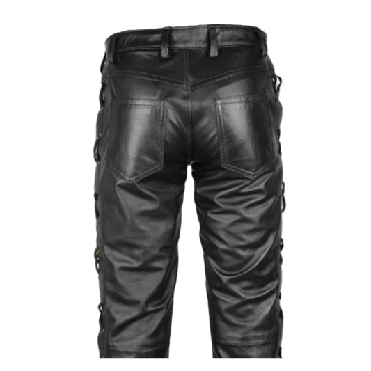 Men's Real Leather Bikers Pants Side and Front Laces Up Bikers Pants Trousers